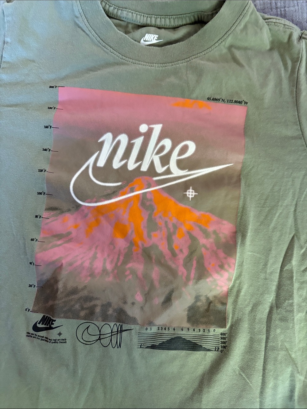 Nike Olive Green Short Sleeve Tee with Pink & Orange Graphic